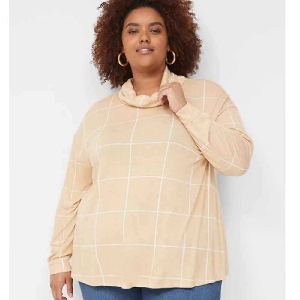 LANE BRYANT NWT Size 18/20 Tan White Relaxed Long-Sleeve Funnel-Neck Sweatshirt - Picture 1 of 12
